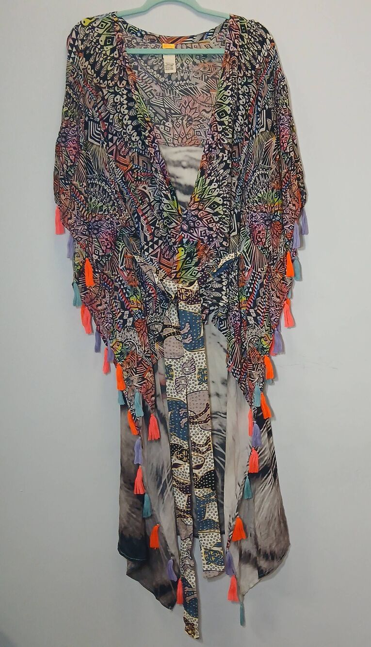 Agua bendita women xl kaftan long duster throw over boho gypsy Coastal colorful - Picture 3 of 10
